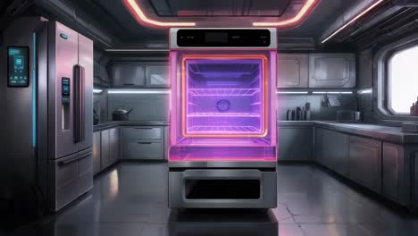 cocina futurista con refrigerador brillante
