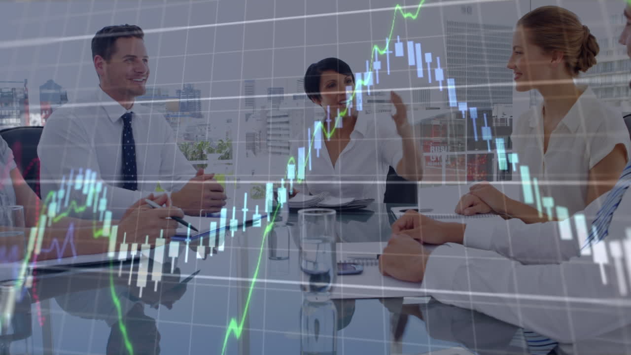 animación de gráficos financieros sobre diversos empresarios que se reúnen en la oficina
