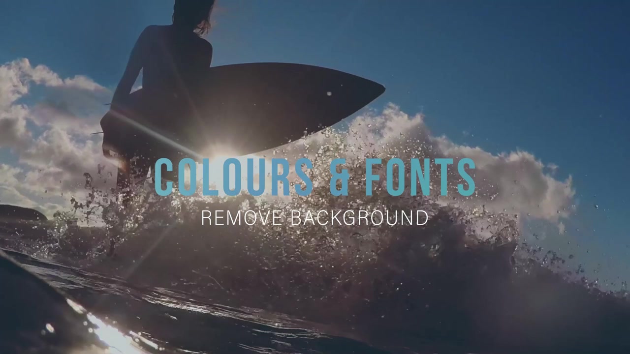 Modello di grafica con silhouette di surfista e sovrapposizioni di testo