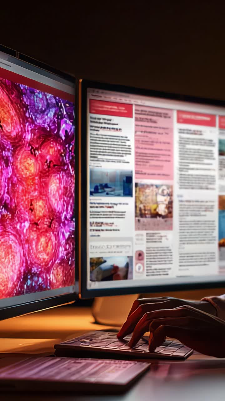 Esame ravvicinato delle strutture cellulari e visualizzazione dei dati di ricerca su due monitor da parte di una persona concentrata in un ambiente di lavoro scarsamente illuminato