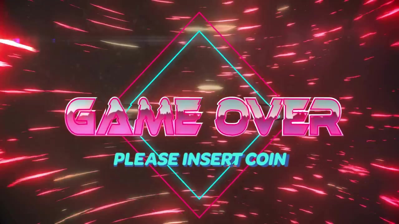 Strisce al neon rotanti, GAME OVER, con un diamante pulsante che chiede di inserire una moneta