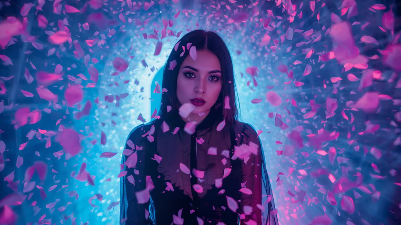 Petali rosa che cadono attorno a una modella in abito nero trasparente, che si inclina e avanza in un arco luminoso per uno shooting fotografico