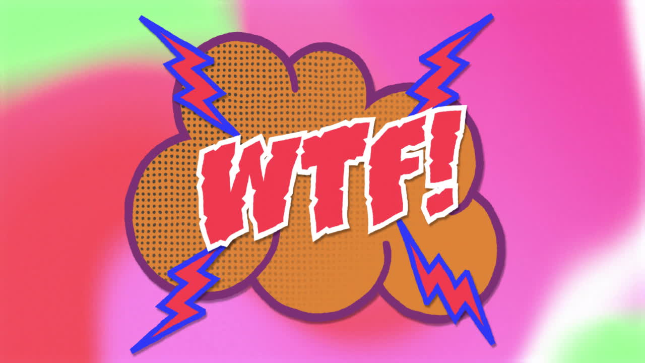 animación de texto wtf sobre un fondo de patrón vibrante retro