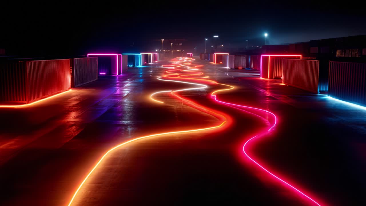 Illuminated Pathway: A Mesmerizing Display of Neon Lights Winding Through Shipping Containers Under a Night Sky, Creating an Enigmatic Atmosphere of Color and Motion