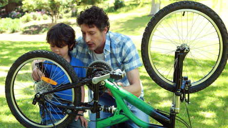 padre e hijo reparando bicicletas