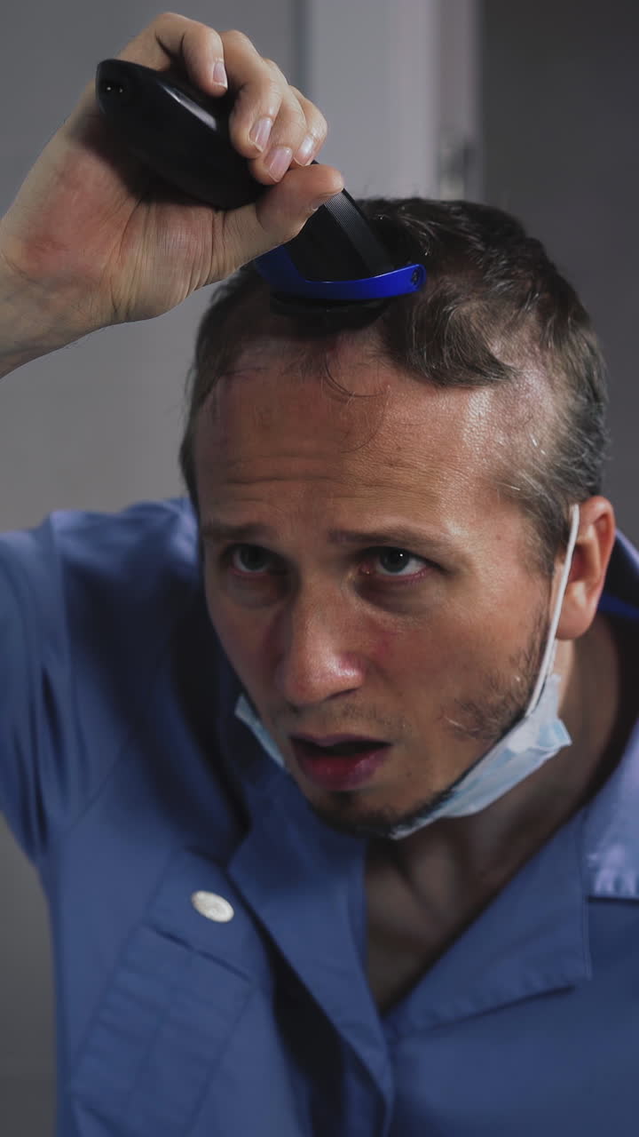 disappointed with hopelessness doctor in removed mask cuts hair on head with trimmer looking in large mirror in public bathroom during isolation in clinic closeup