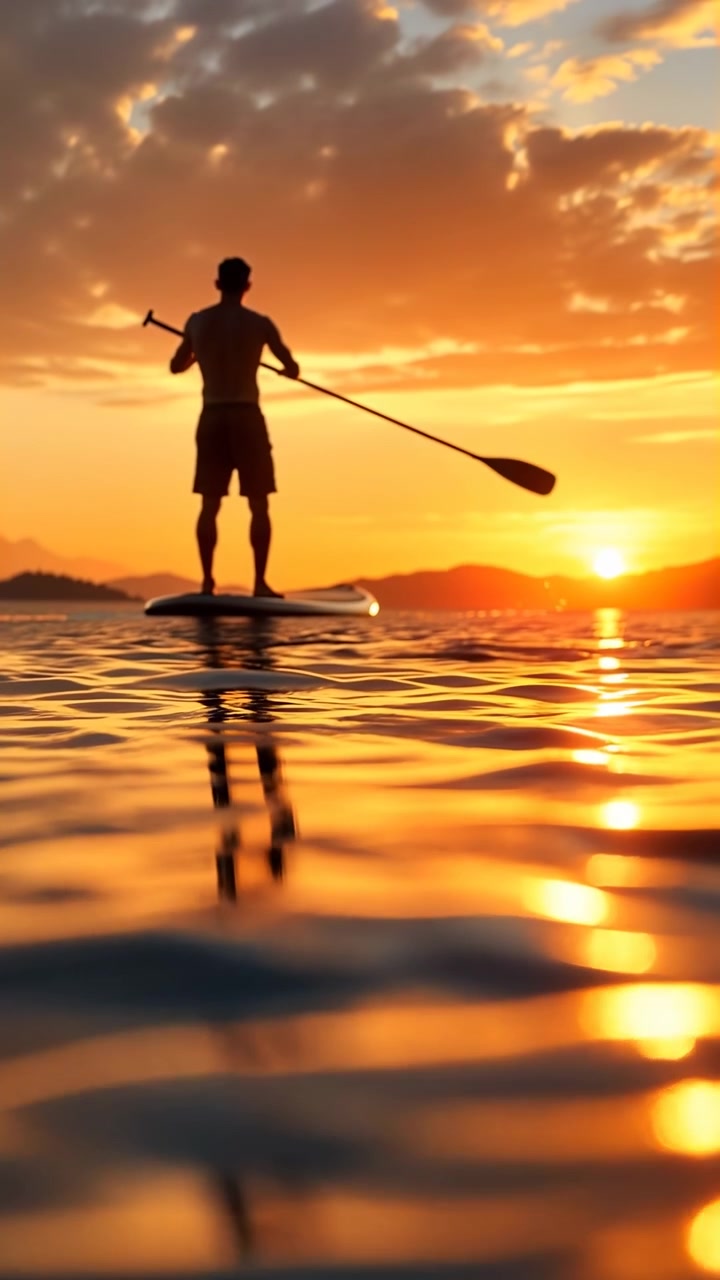 Una persona con una pagaia scivola su acqua calma durante il tramonto, mostrando una silhouette scura, un cielo arancione, onde riflettenti, un orizzonte lontano e una composizione ampia ed equilibrata con un'atmosfera esterna pacifica.