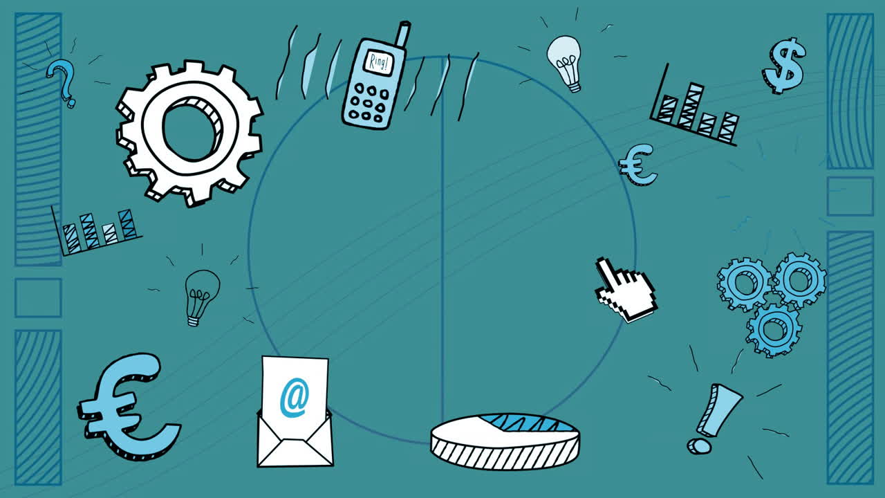 Animation of business icons and shapes on green background