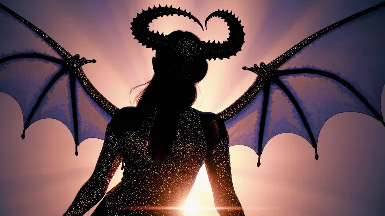 Powerful mythical demoness with glowing wings and horns standing silhouetted against dramatic sunset, embodying supernatural gothic fantasy atmosphere