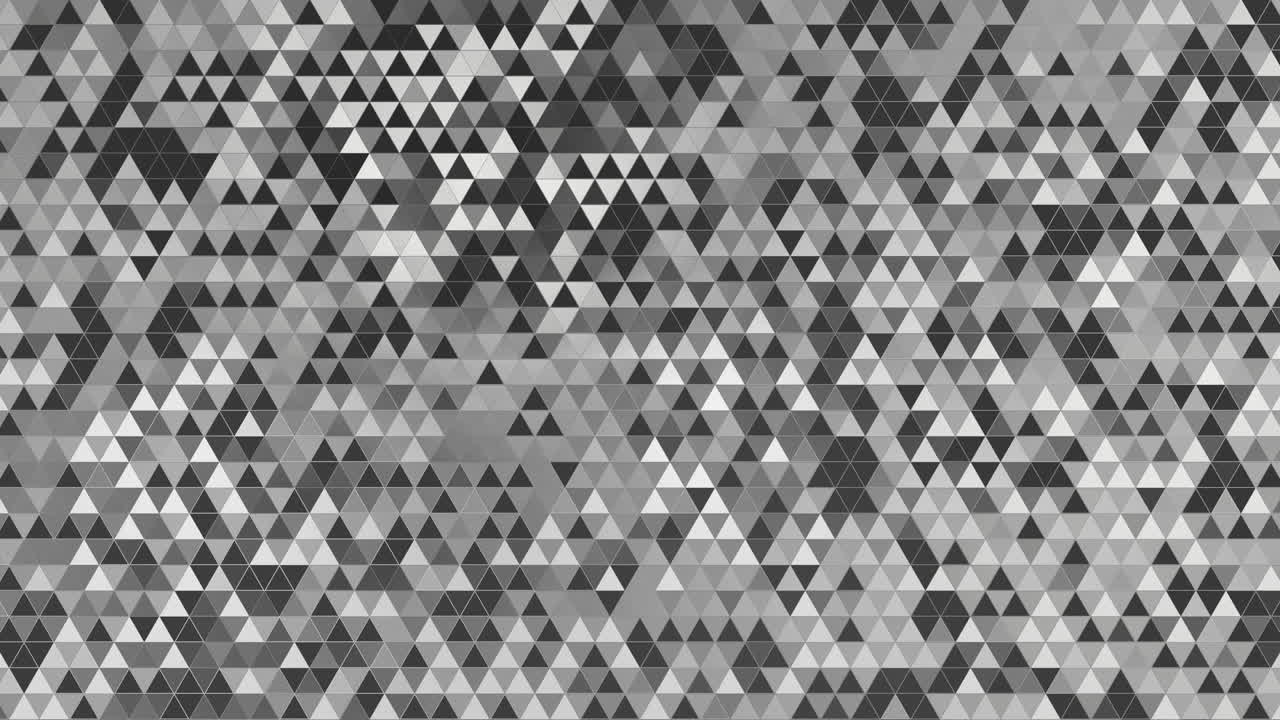 Technical loop animation of a dense geometric pattern composed of triangles in various shades of grey, black, and white. Seamless monochrome triangle pattern