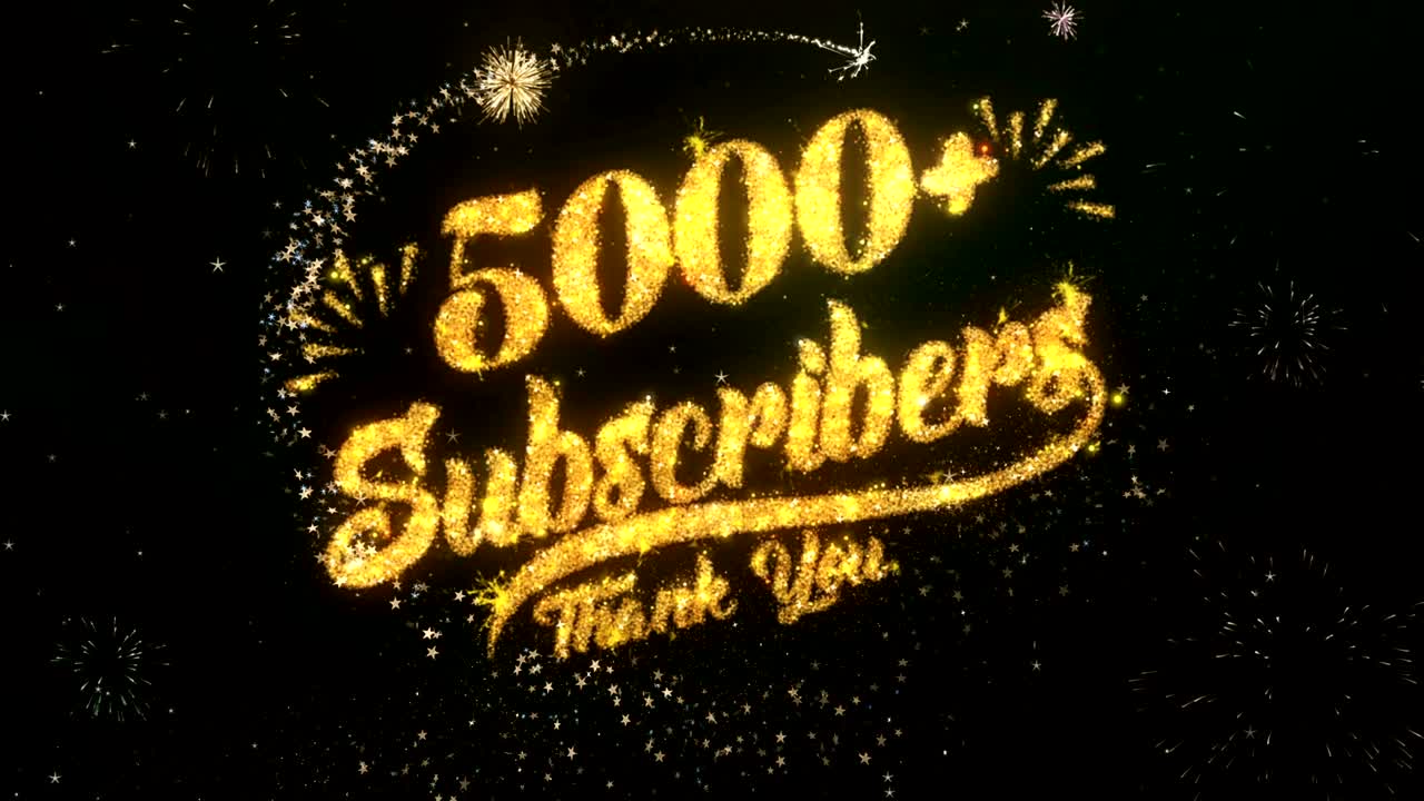 5000 가입자 인사 및 소원 카드는 반이는 입자 및 반이는 빛의 어두운 밤 하늘과 다채로운 불꽃놀이 4k 배경으로 만들어졌습니다.