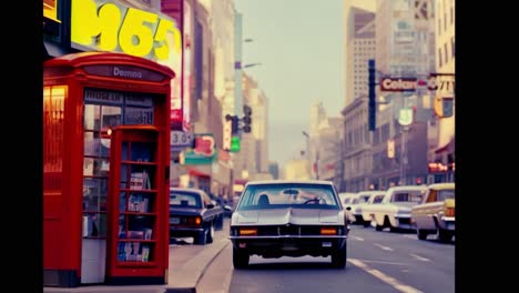 a classic car drives down a city street in the 1960s