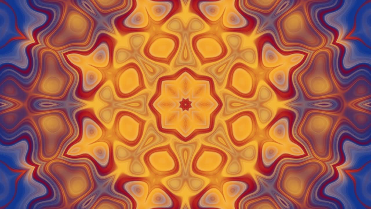 Mandala caleidoscopico ipnotico con motivi blu e arancioni vorticosi, sfondo psichedelico loopabile ipnotizzante