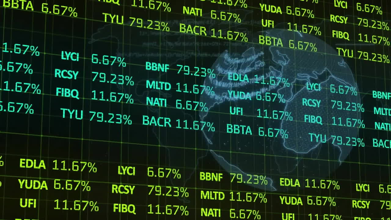 Animation of financial data processing over globe on dark background