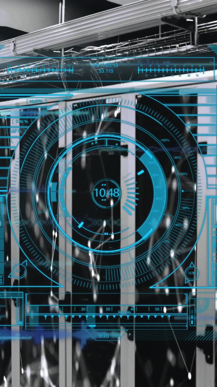 Animation of data processing and network of connections over server room