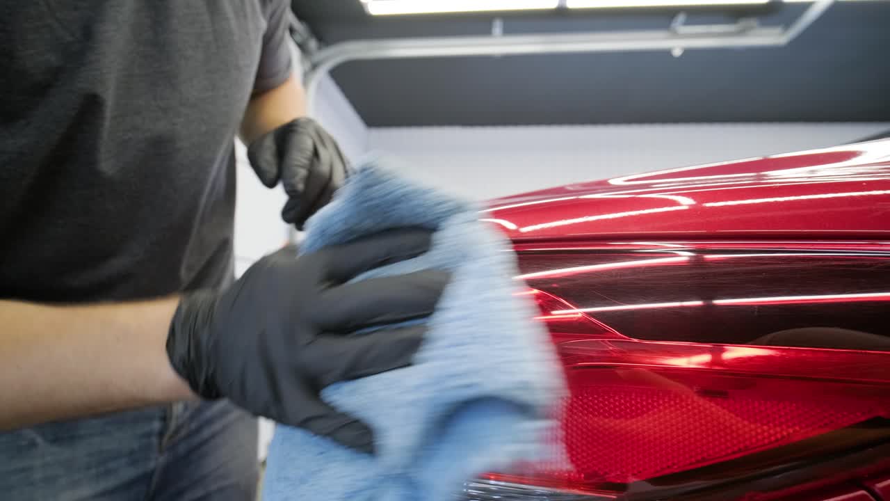 un trabajador lavando un coche rojo en un lavado de coches con un paño azul.