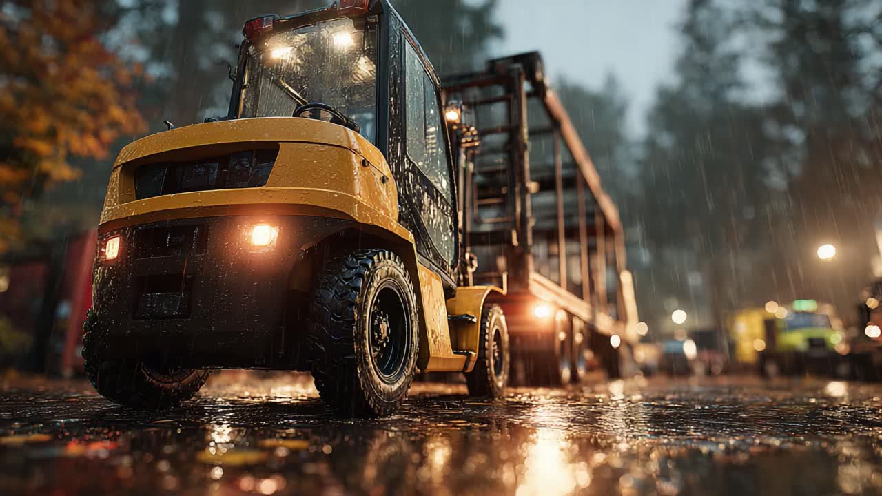 Heavy-Duty Forklift Maneuvering Through Rainy Conditions on a Industrial Site, Showcasing Robust Design and Functionality in Challenging Weather