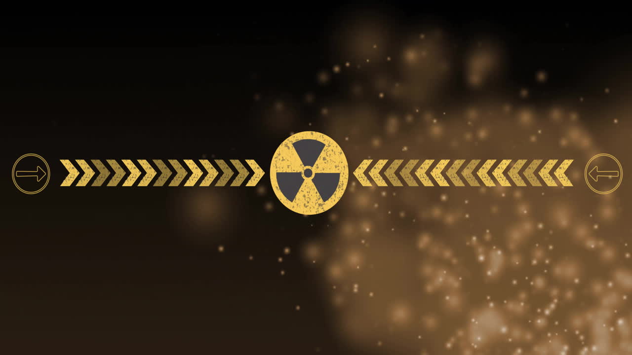 빛나는 반점과 검은색 배경에 대한 경고 표지판의 애니메이션과 디지털 데이터 처리