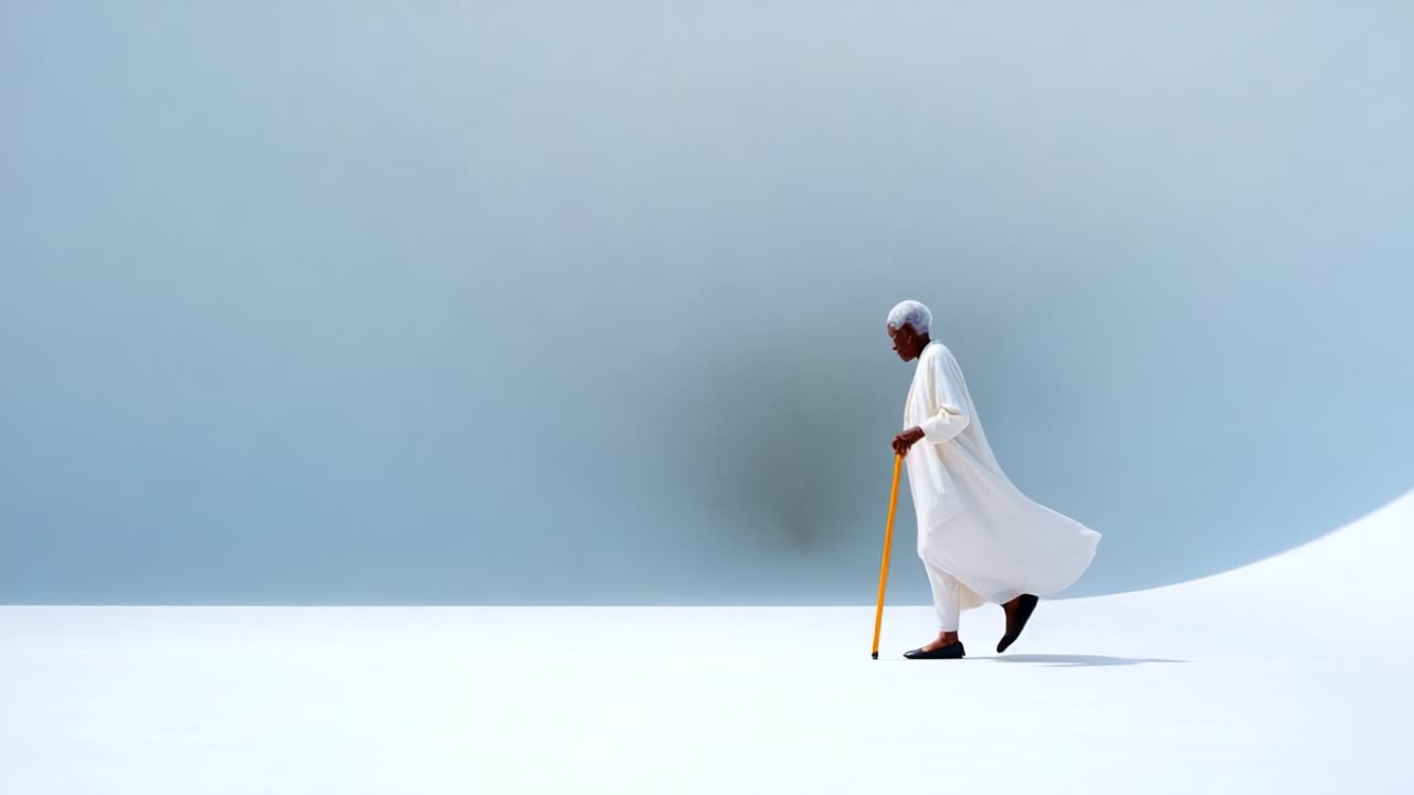 A solitary figure gracefully moves through an expansive, minimalist landscape, utilizing a cane for support as they navigate the serene and muted background of soft blue and white hues