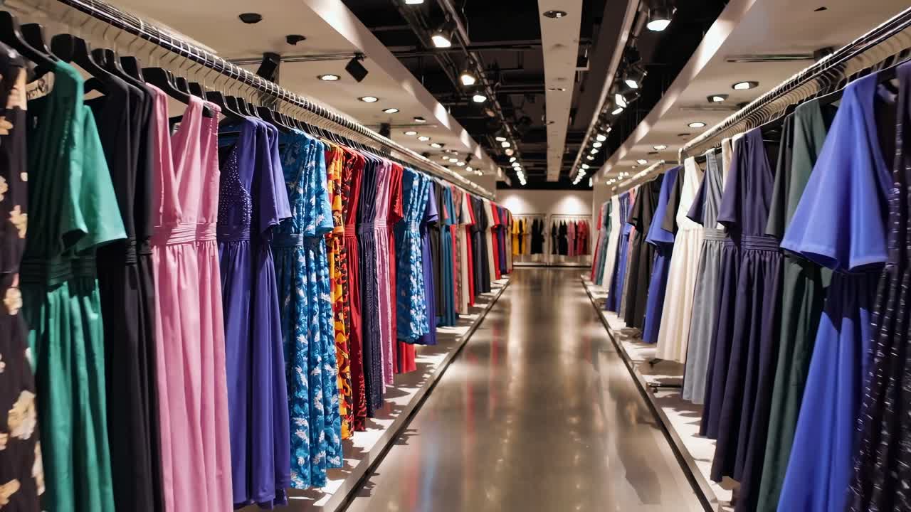 Toma de video gran angular de una boutique moderna con vestidos coloridos alineados a ambos lados.