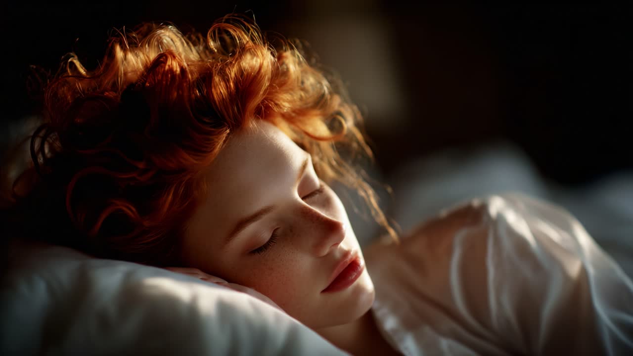 A Serene Moment: Capturing the Beauty of Restful Sleep in Soft Natural Light with a Focus on Delicate Features and Lush Curls Enhancing the Peaceful Atmosphere