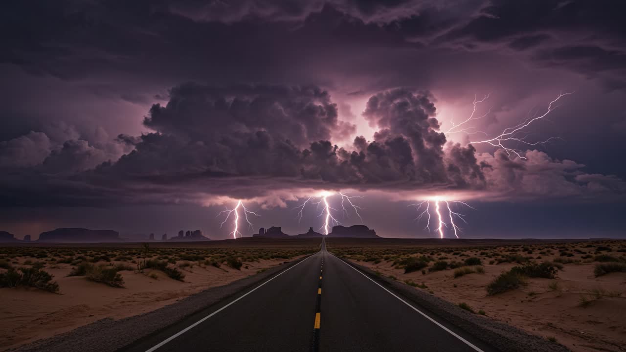 Dramatic Lightning Storm Over a Desert Road