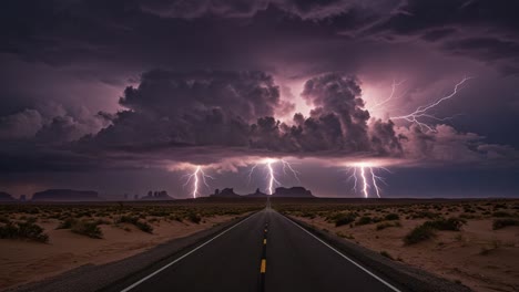 dramatic lightning storm over a desert road