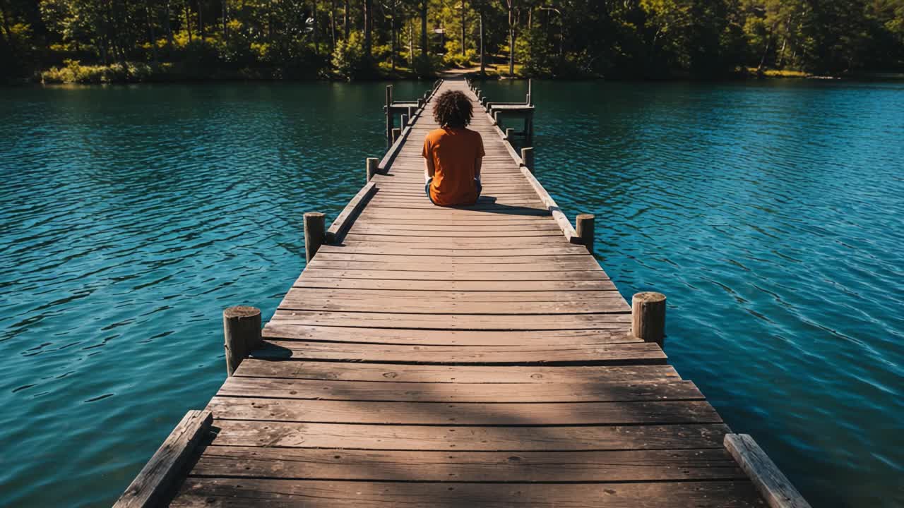 A person sitting on a wooden pier extending into a calm lake