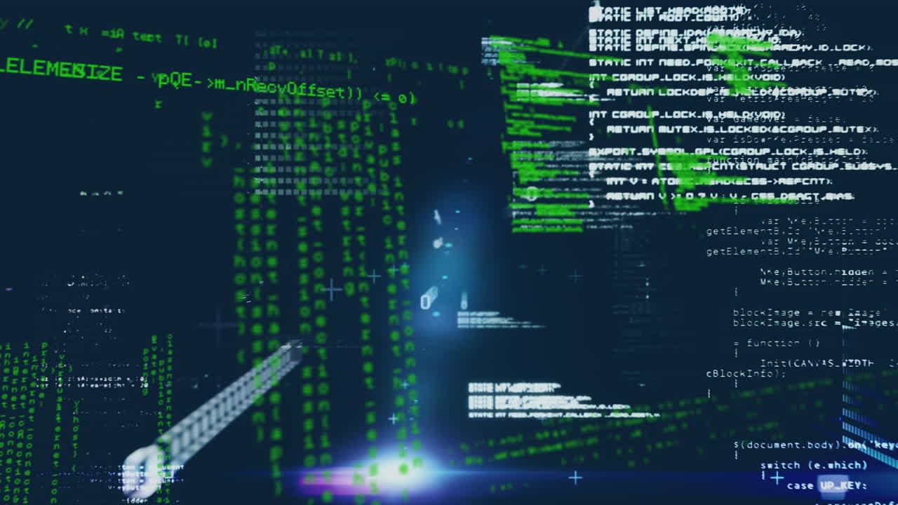 Animation of data processing and networks of connections over dark background