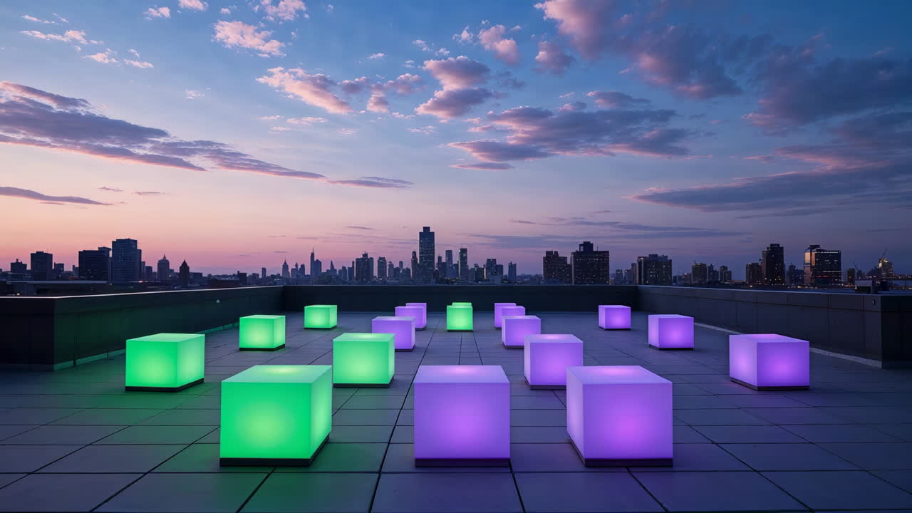 Glowing Cubes on a Rooftop at Dusk with City Skyline