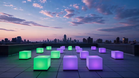 glowing cubes on a rooftop at dusk with city skyline
