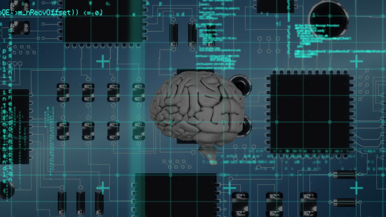 Animation of data processing and digital brain over computer circuit board on blue background