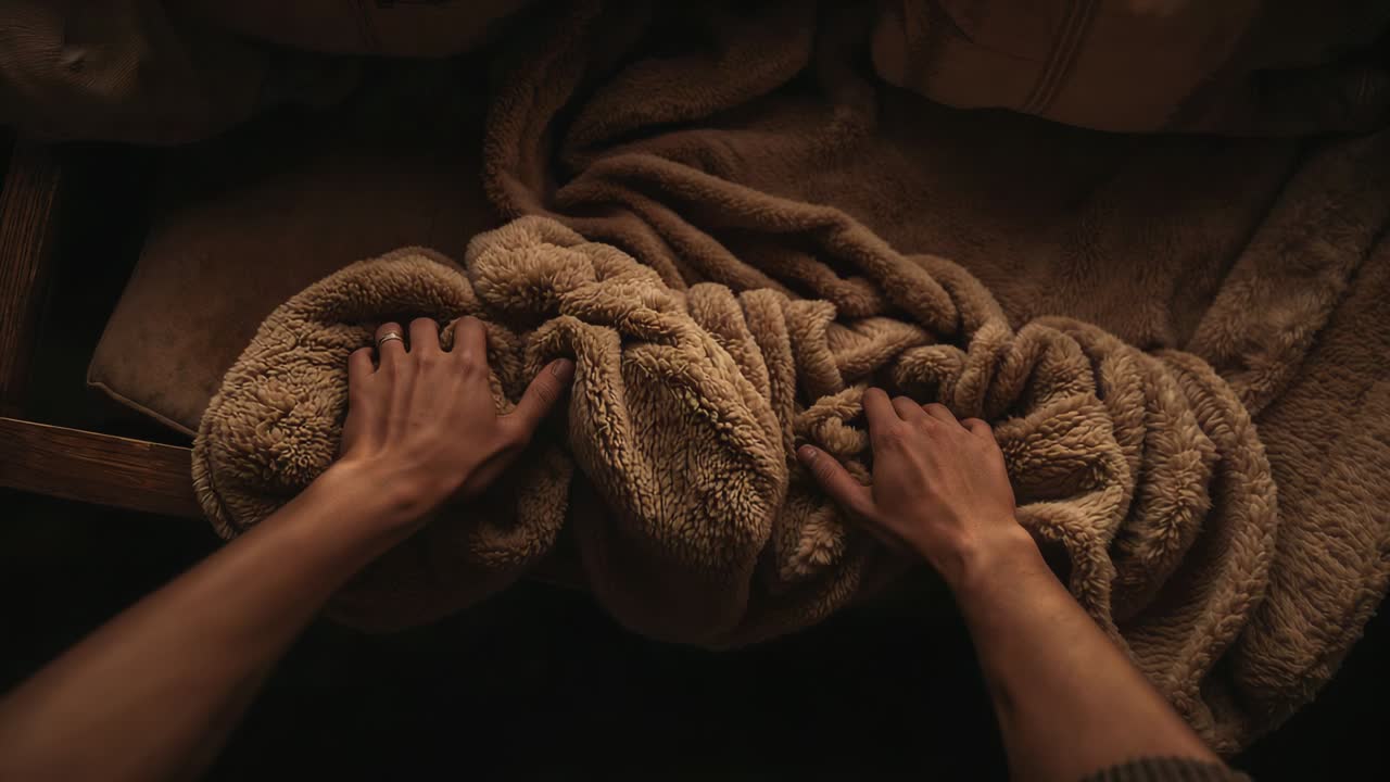 Untangling man's ringed hands from loose knot, pulling blanket on sofa flattening folds