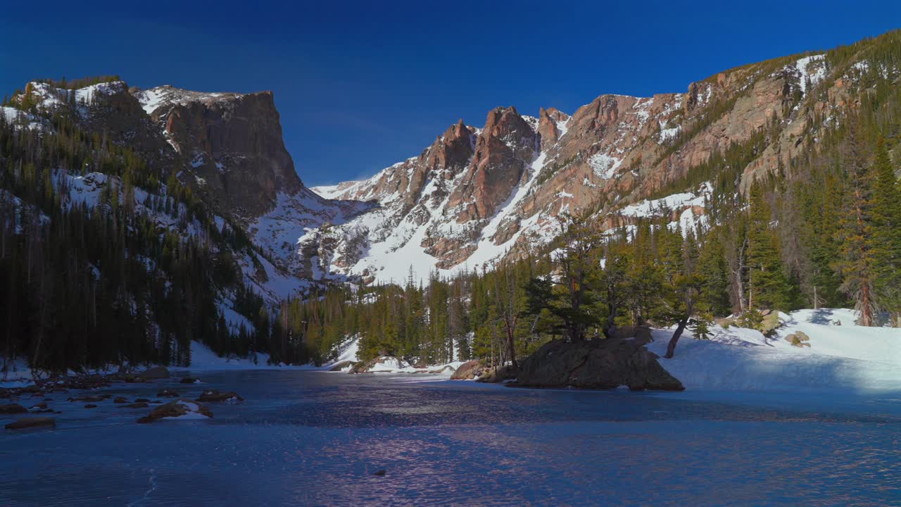 Lago Dream, Colorado, RMNP, Lago Emerald, Estes Park, sentiero escursionistico del Lago Bear, Parco Nazionale delle Montagne Rocciose, cielo blu soleggiato, Picco Hallett, Montagne Flattop, neve che soffia, ventoso, ghiaccio blu congelato, panoramica a sinistra in ombra