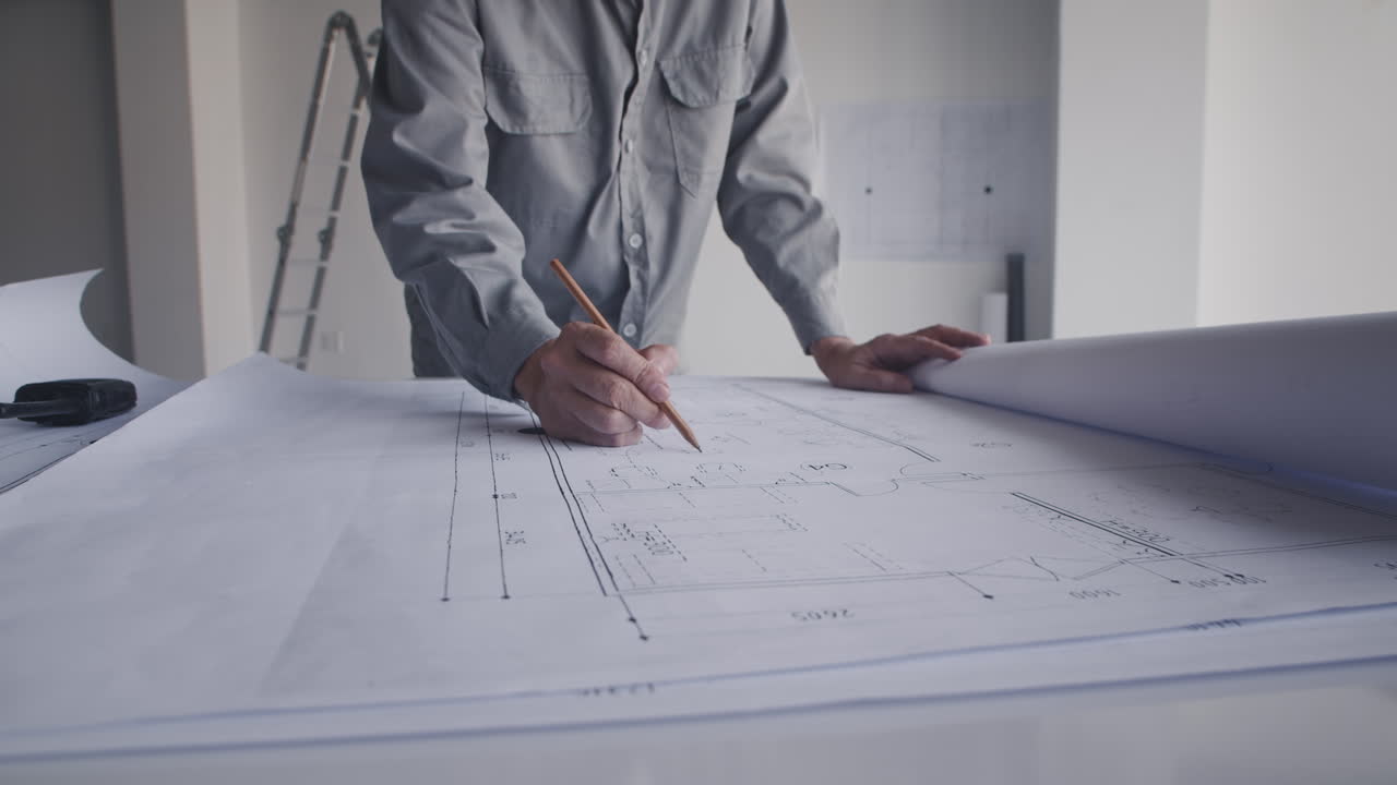 Male Engineer Checking Details of Blueprint