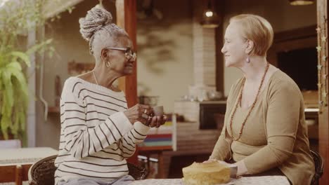 two elderly friends enjoying coffee and cake at a cafe