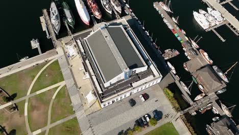 Overhead-aerial-shot-of-The-Center-for-Wooden-Boats-in-Seattle