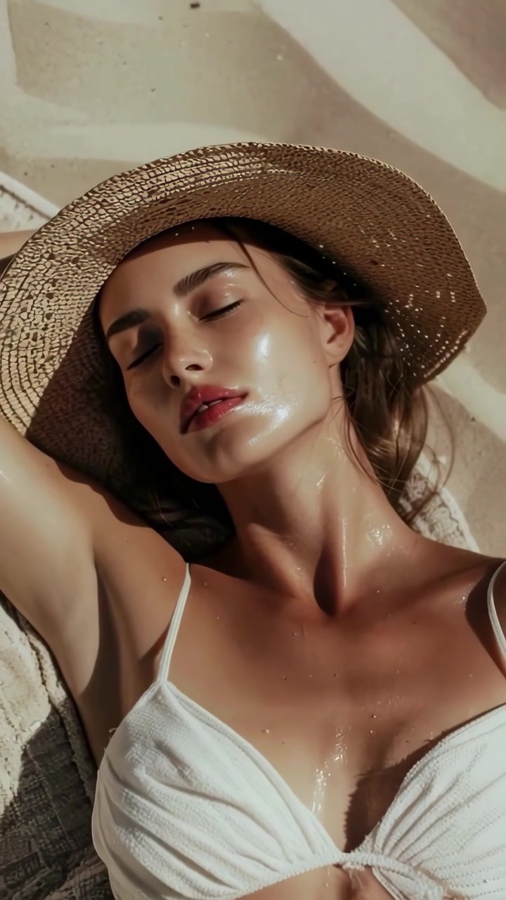 Beautiful Woman in Straw Hat Relaxing on Sandy Beach