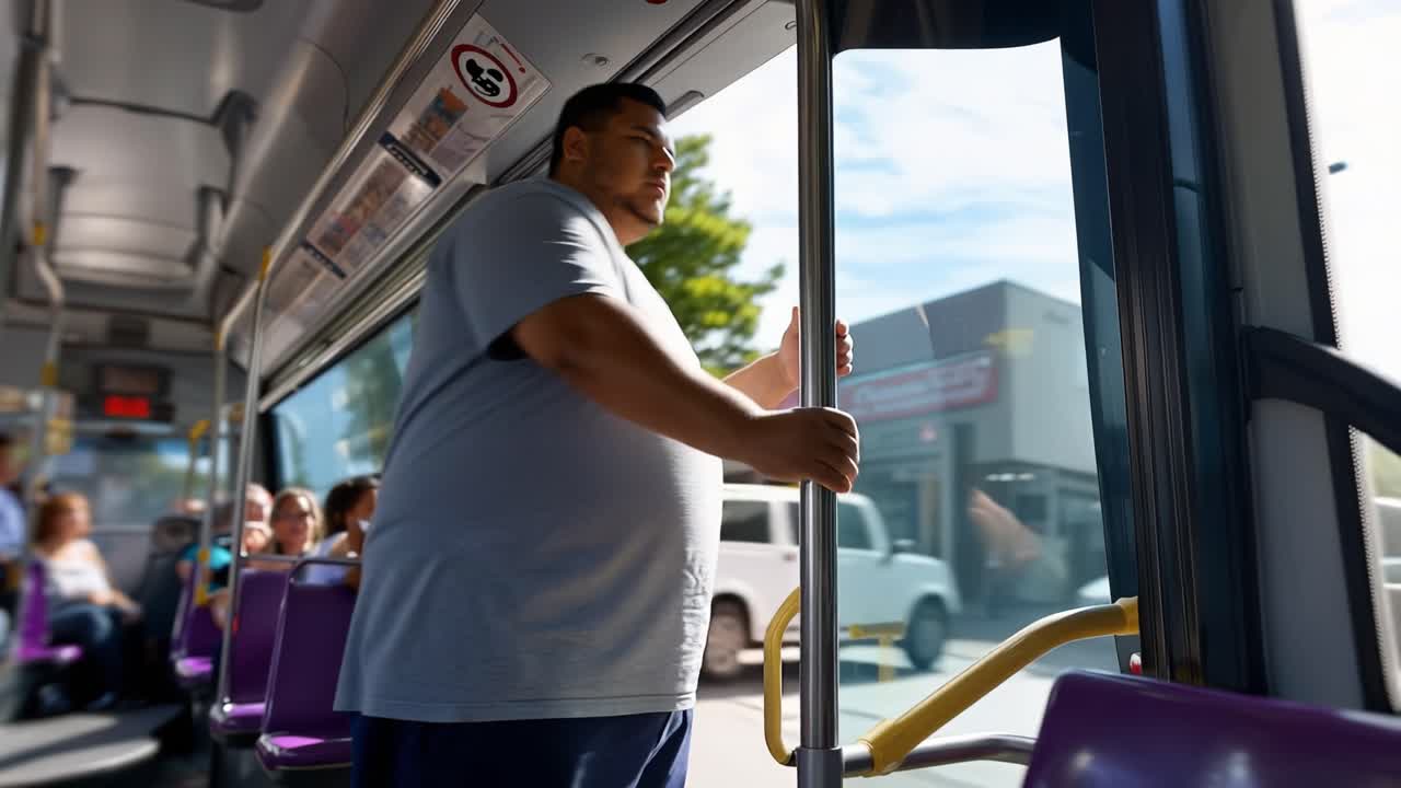 En overvægtig mand står inde i en kørende bus. Han holder fast i en stang, mens han kigger ligeud. Passagerer sidder roligt i nærheden. Bussen kører gennem et forstadsområde. Manden fremstår neutral og tålmodig.
