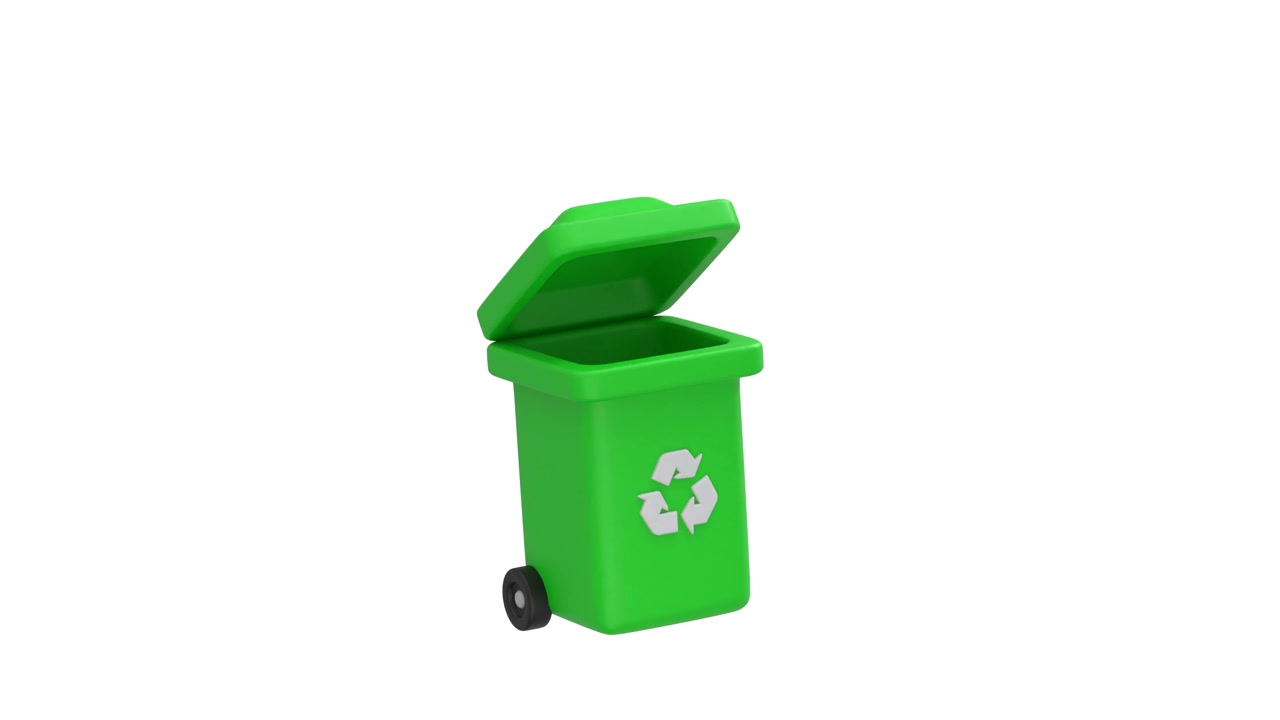 3D Animation of a Green Recycling Bin Rotating on White Background