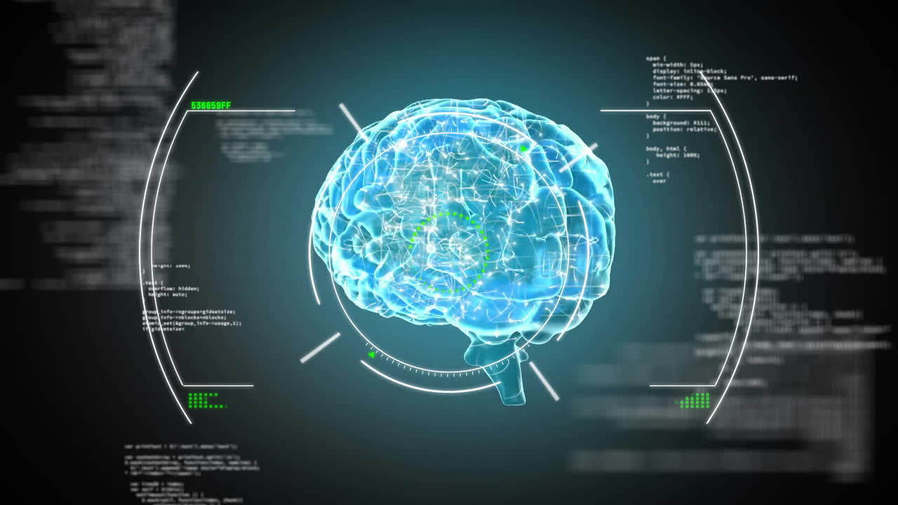 Animation of digital data processing over scope and human brain