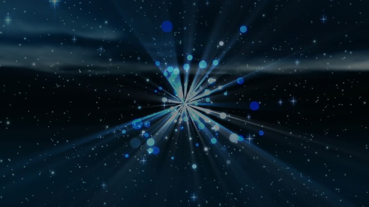 Bright light appearing and pulsing radiating dots, shifting blue nebular gradient forming starburst