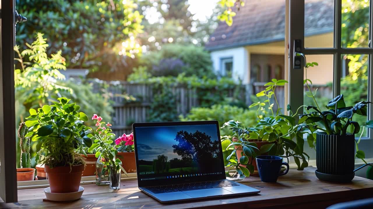 Laptop on a desk in front of a window with a view of a garden