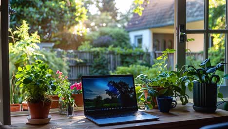laptop on a desk in front of a window with a view of a garden