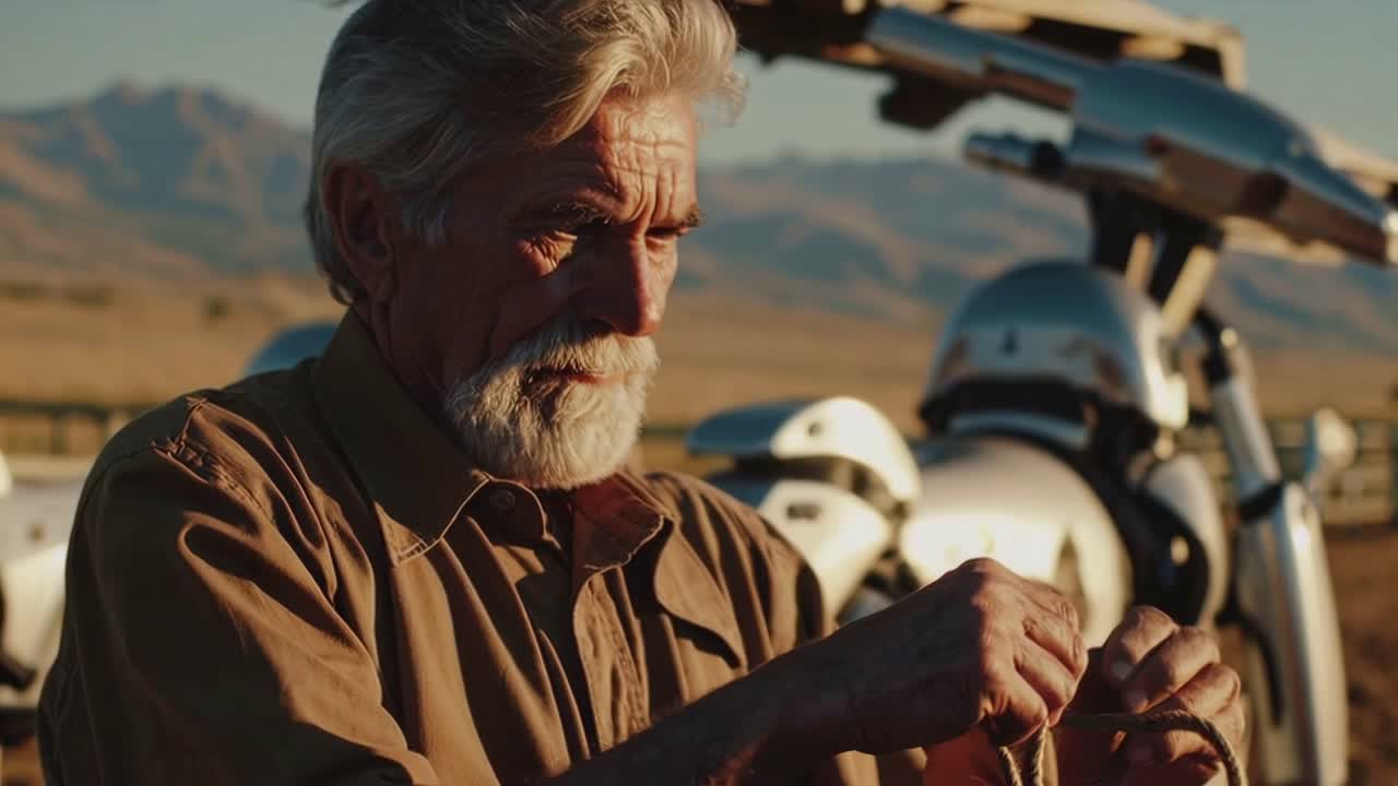 Senior Farmer Tying Rope with Futuristic Machinery in a Rural Setting