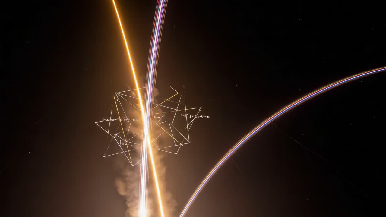Spectacular Launch Sequence Captured with Dynamic Light Trails and Mathematical Graphs Illustrating the Journey of a Rocket in a Night Sky