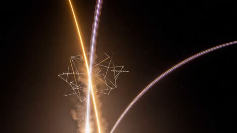 spectacular launch sequence captured with dynamic light trails and mathematical graphs illustrating the journey of a rocket in a night sky
