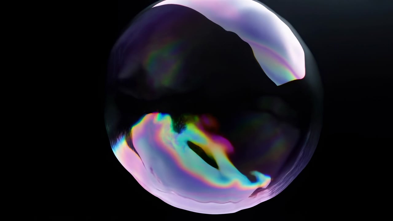 Close-up of single translucent soap bubble centered against deep black background, showing iridescent colors, smooth surface, soft highlights, and refined