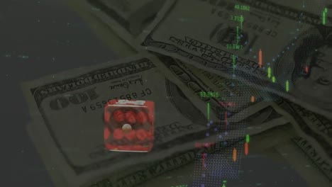 animation of financial data processing over dice and american dollar bills in background