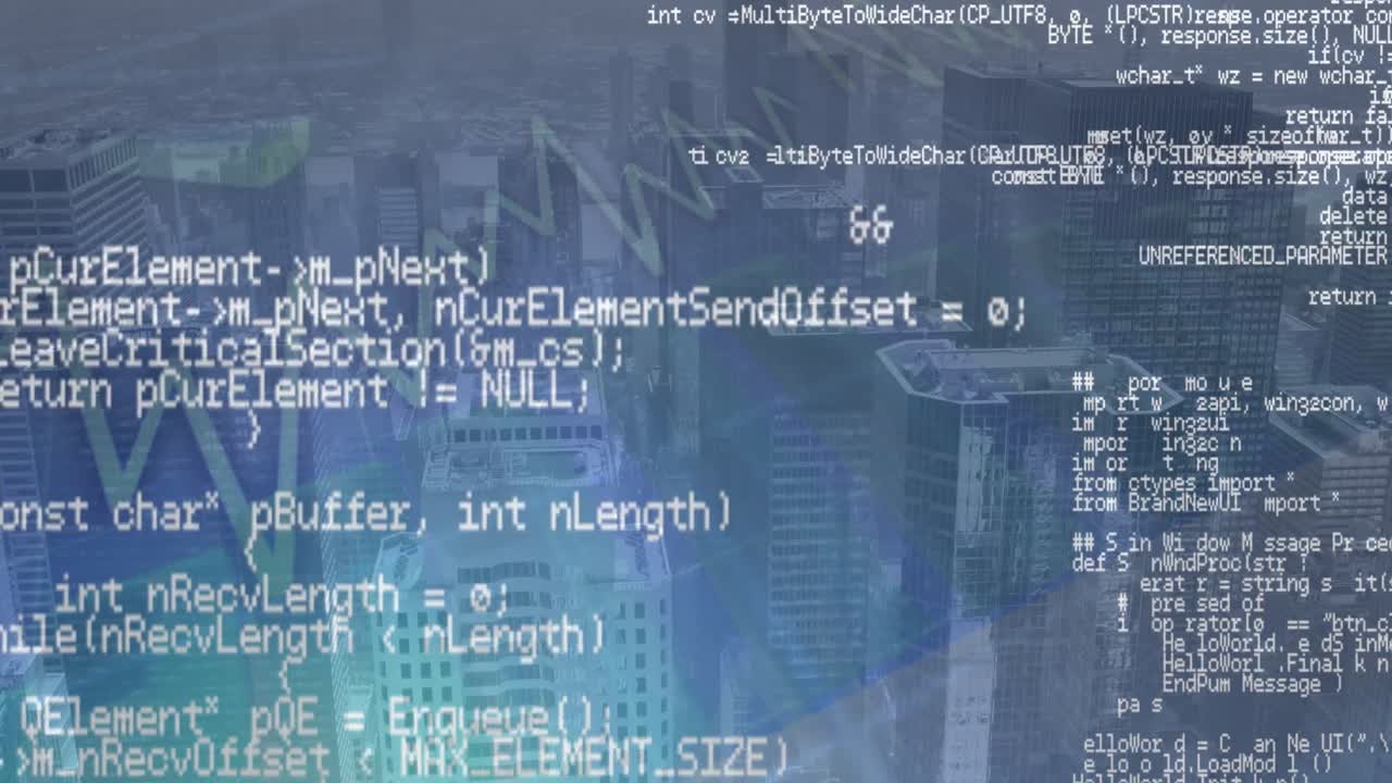 도시 풍경에 대한 사무실 데스크에서 데이터 처리와 함께 화면의 애니메이션